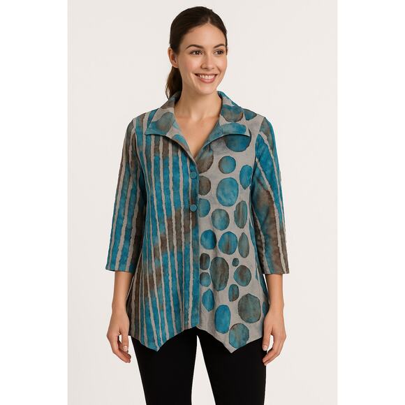 Kamana Blue Brown Textured Stripe Dot Button Front Jacket Medium Artsy Tunic - Picture 1 of 6